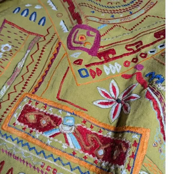 Vtg Y2K Mohito Lime Green Tribal Floral Embroidered Cotton Blazer Jacket Sz L - Picture 3 of 5